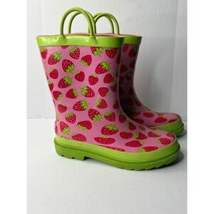 Blue Mountain Kids Strawberry Print Pink Lime Green Rubber Rain Boots BM230 13/1